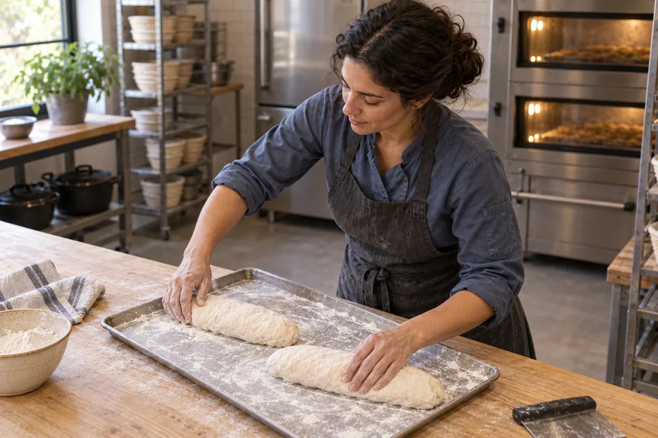 From above, a baker finishes two spaced elongated dough loaves on a flour-dusted tray.
