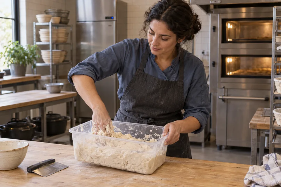 A baker leans over a clear tub, combining rough ivory flour-and-water dough with one hand.
