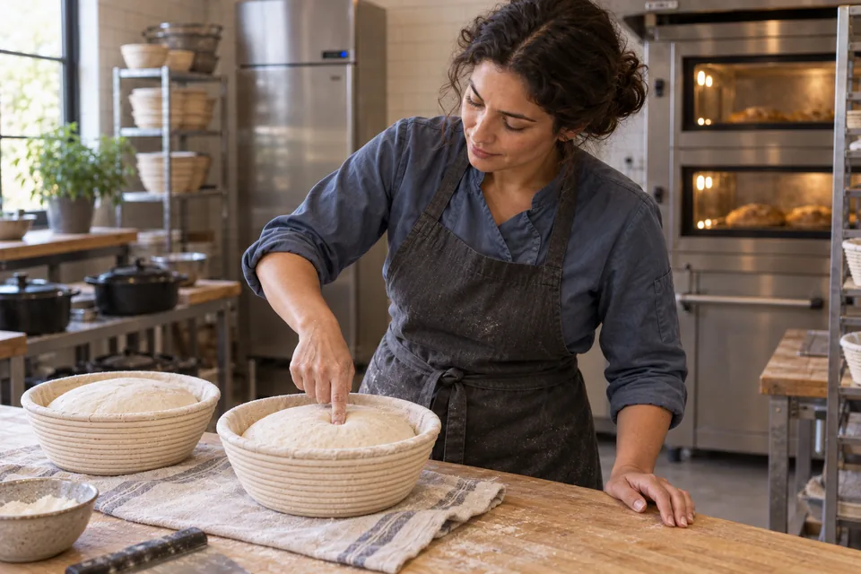 A baker gently presses a floured fingertip into one of two expanded white dough rounds in baskets.
