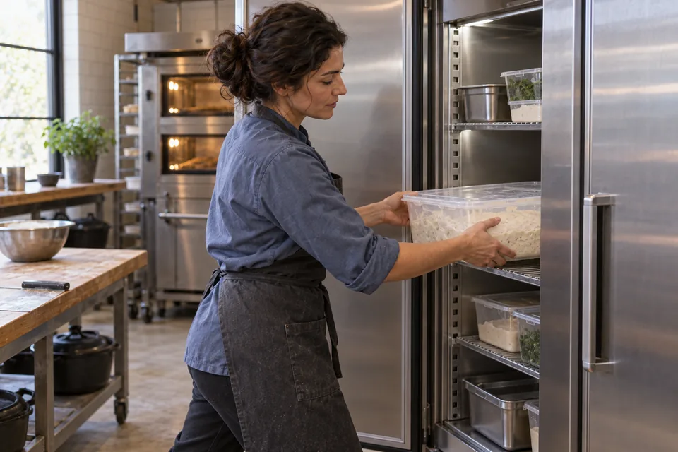 A baker standing side-on slides a covered tub of white dough into a stainless refrigerator.