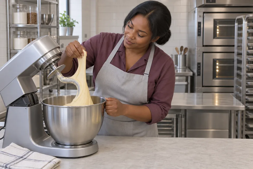 Baker checking the elasticity of enriched dough in a stopped stand mixer with its head raised.