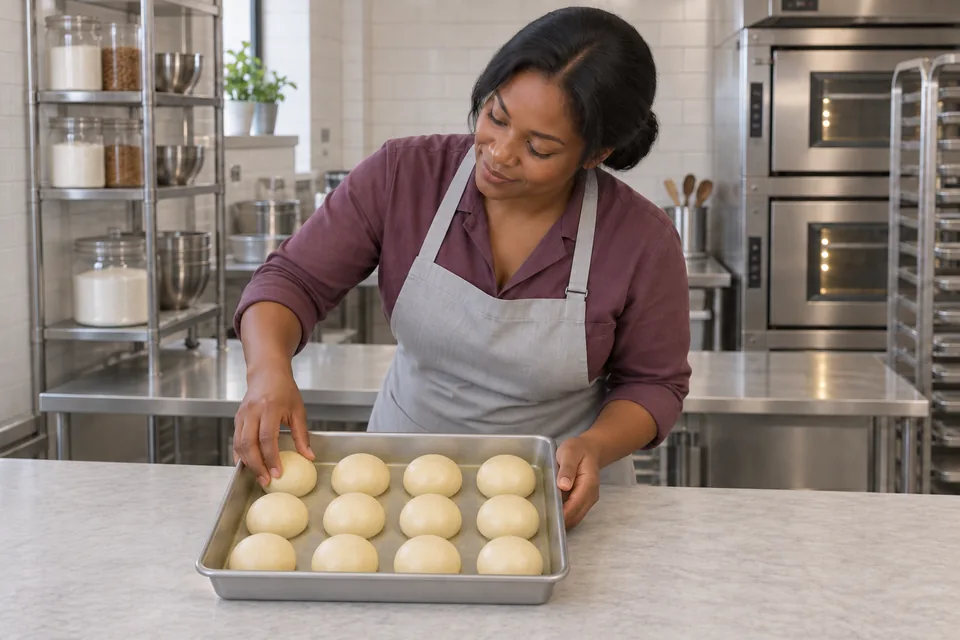 Baker arranging twelve smooth dough balls in three rows of four in a buttered rectangular pan.