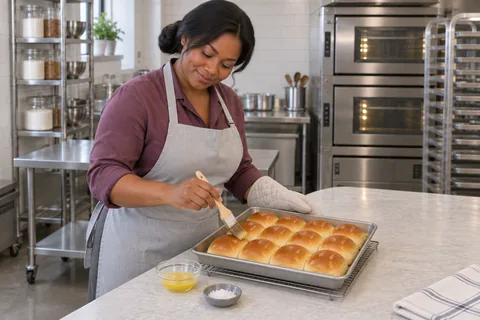 Baker brushing butter onto twelve golden dinner rolls, with a small dish of flaky salt beside the pan.