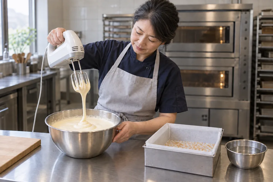 The baker lifts stopped beaters above thick pale egg foam.