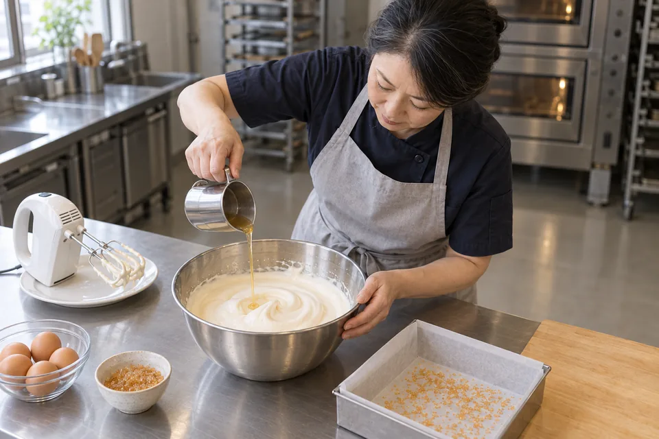 The baker pours a thin stream of dissolved honey into pale egg foam.