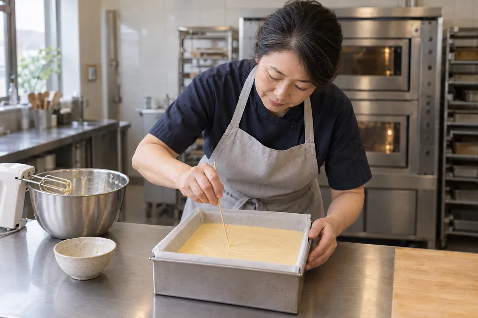 The baker sweeps a skewer through smooth batter in the lined square pan.
