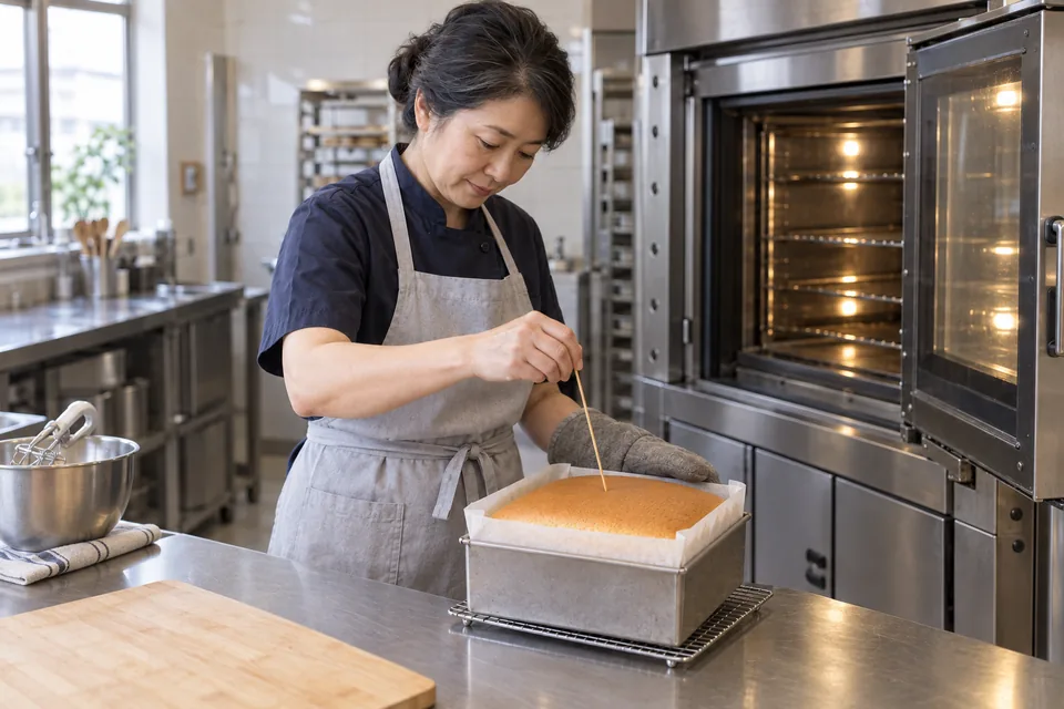 The baker checks the golden castella with a skewer after removing it from the oven.