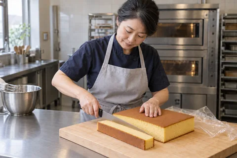 The baker slices rested castella, showing its even yellow crumb and brown top.