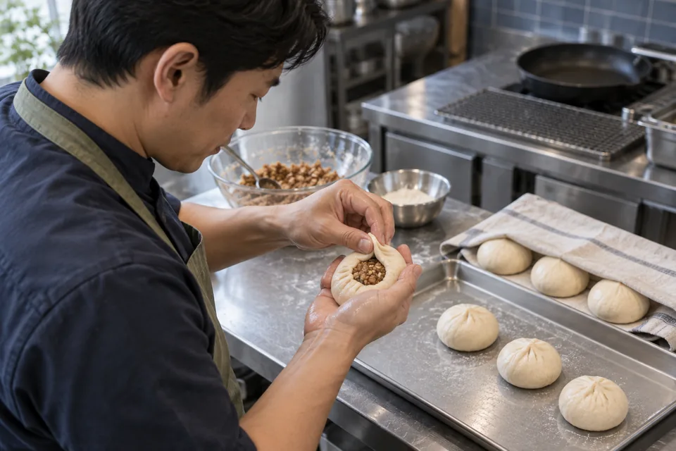 The cook pinches sticky dough closed around cinnamon-walnut filling.