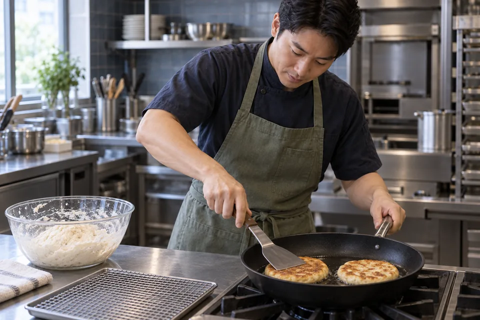 The cook presses one golden hotteok pancake with a broad spatula.