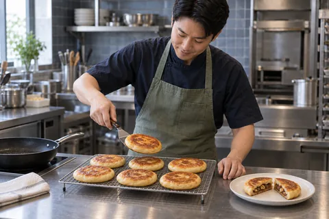 The cook places cooled golden hotteok beside a halved pancake showing walnut filling.