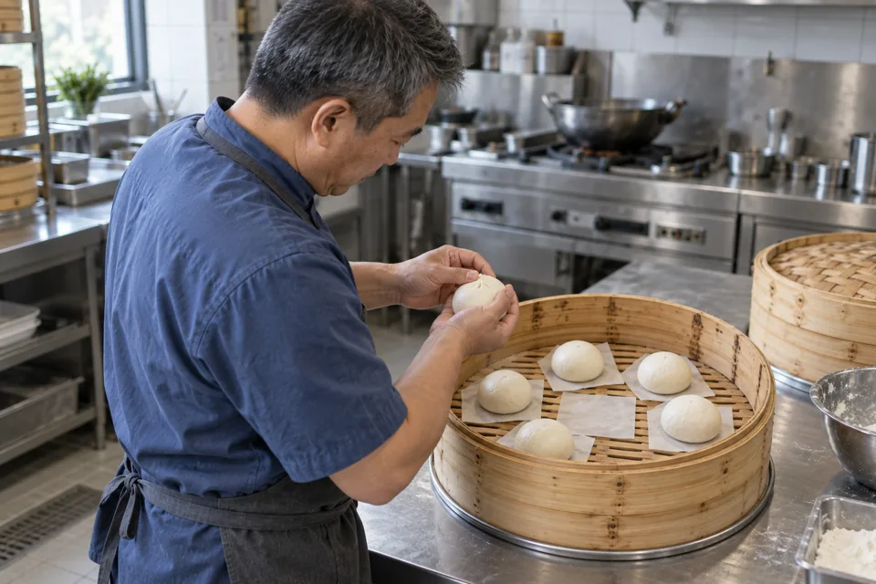 The cook rounds the sixth bun beside five buns in a bamboo steamer.
