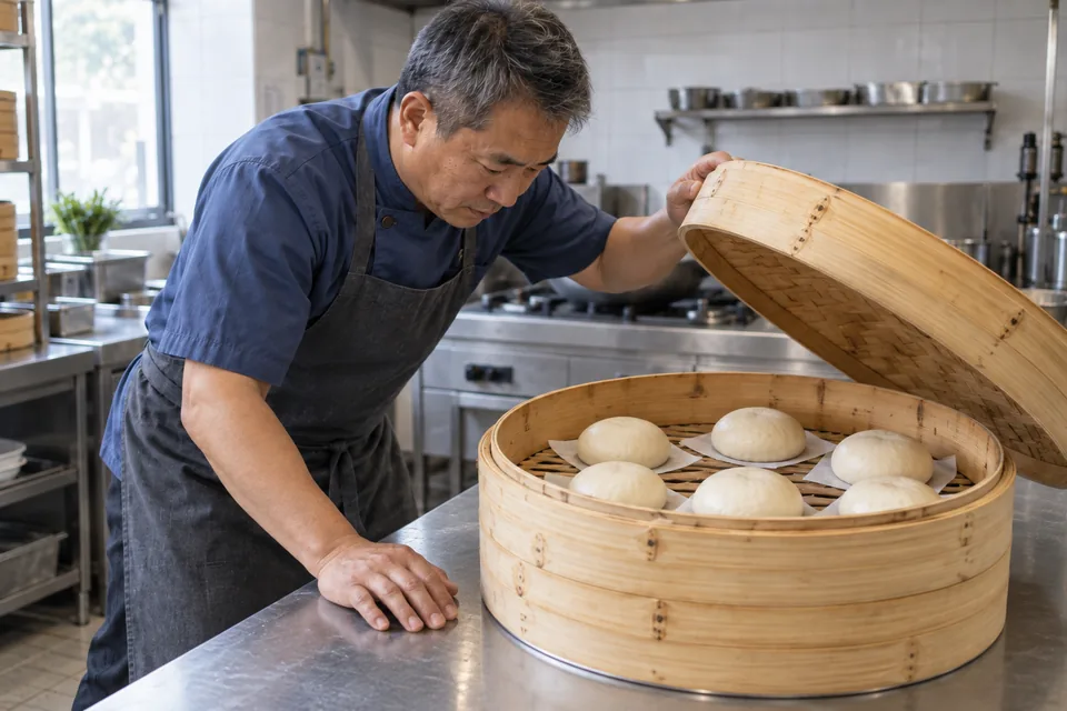 The cook lifts the bamboo lid to inspect six slightly enlarged unbaked buns.
