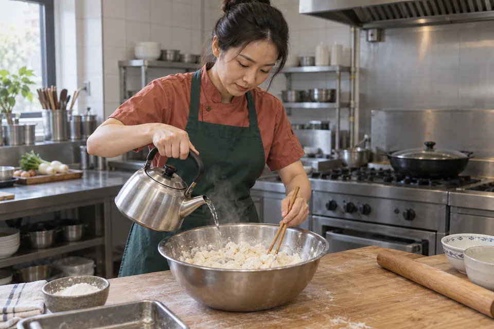 A cook stirs hot water into flour with chopsticks, forming moist flakes.