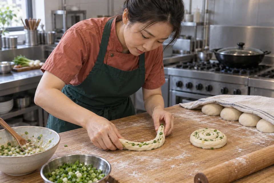 The cook curls a scallion-filled dough tube into a coil.