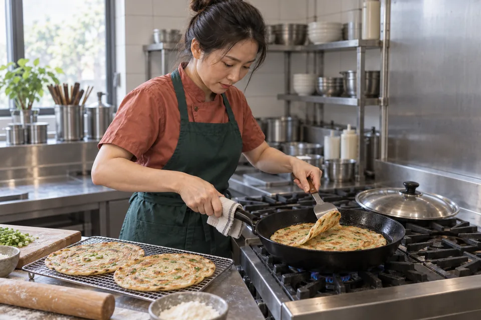 The cook turns a browned scallion pancake in a lightly oiled skillet.