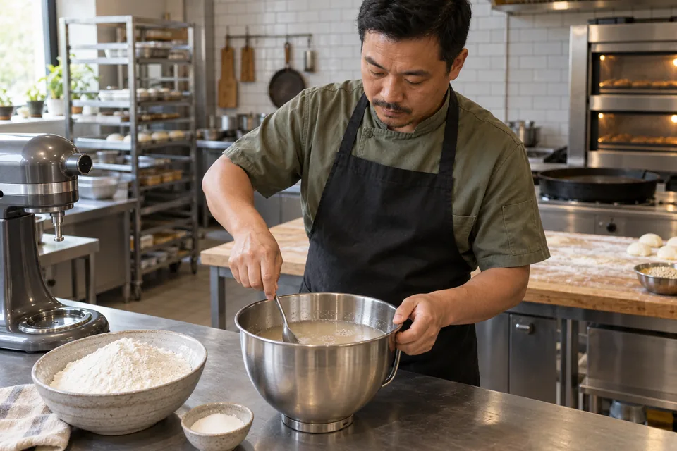 A baker stirs yeast and sugar into warm water in a mixer bowl.