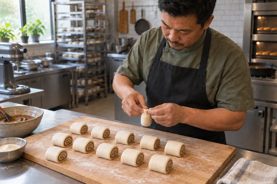 The baker pinches a cut end of one filled dough portion shut.
