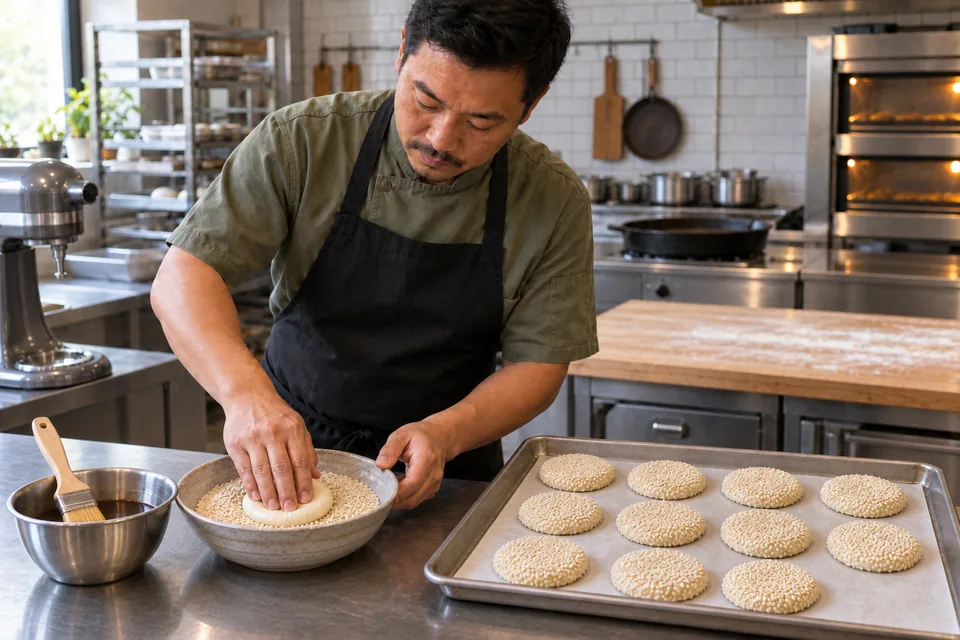 The baker presses a glazed raw shaobing round into white sesame seeds.