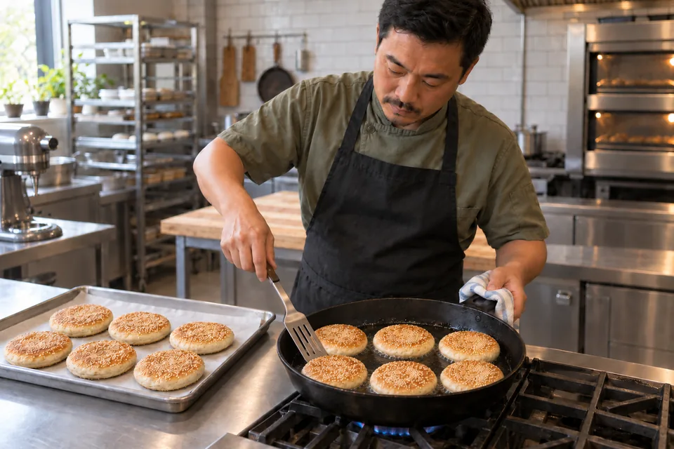 The baker turns a sesame bread in a skillet while the remaining pieces cook.