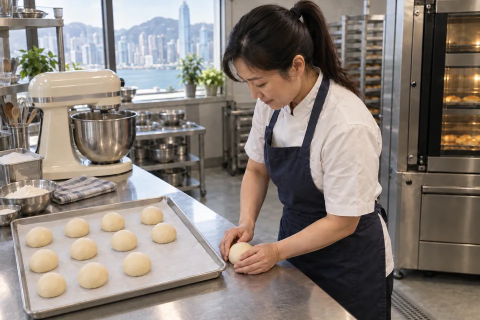 The baker rounds the last dough ball beside eleven smooth buns on a lined tray.