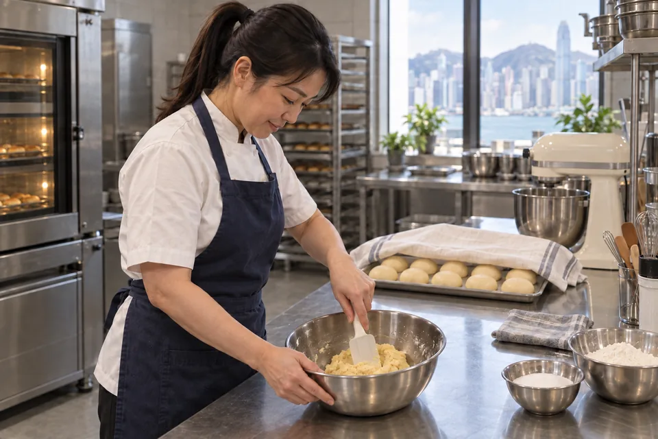 The baker presses the soft yellow topping mixture together with a spatula.
