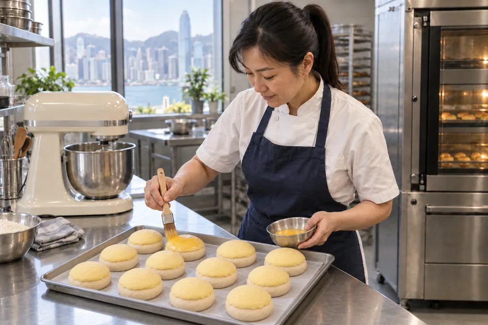 The baker brushes yolk onto a topping disc covering a risen bun, leaving its sides bare.