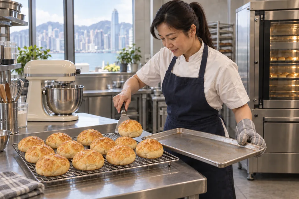 The baker transfers a golden pineapple bun with a cracked topping to a cooling rack.