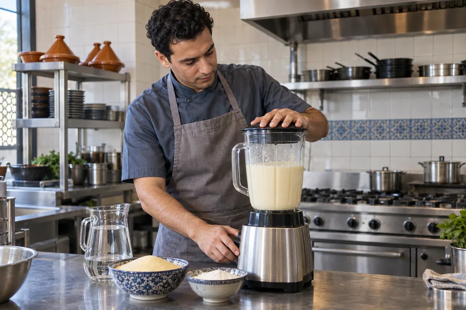 Cook blending pale semolina batter in a covered blender.