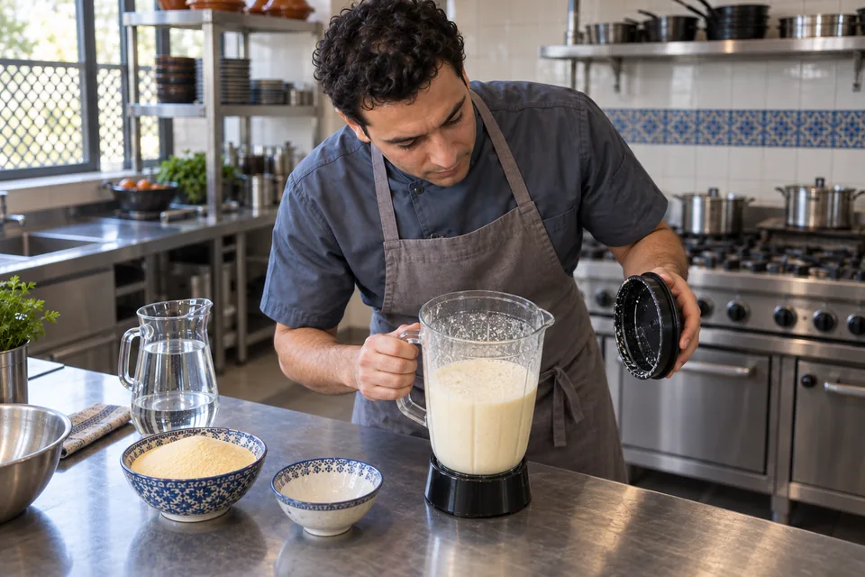 Cook inspecting the fine bubbles in rested semolina batter.