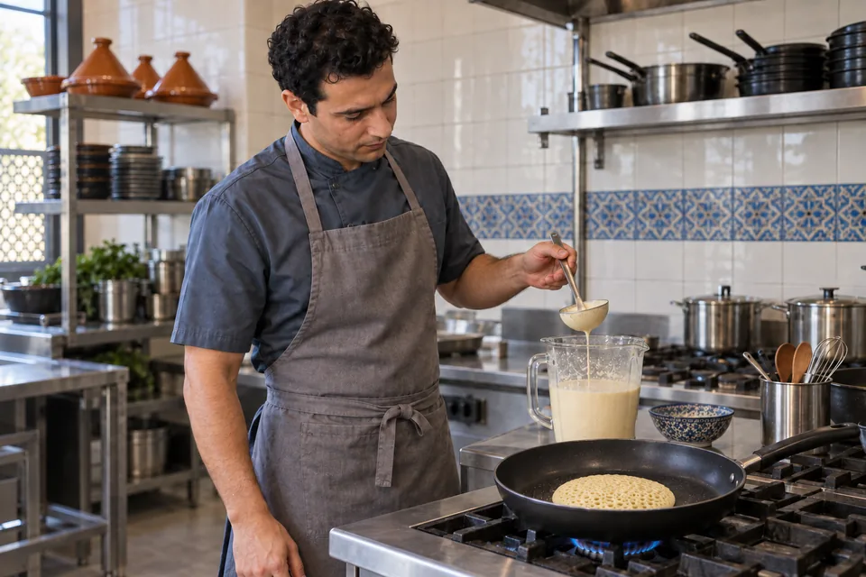 Cook watching a pale baghrir pancake cook unturned as open holes form across its surface.