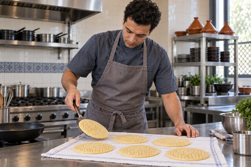 Cook setting pale, porous baghrir pancakes separately on a clean towel.