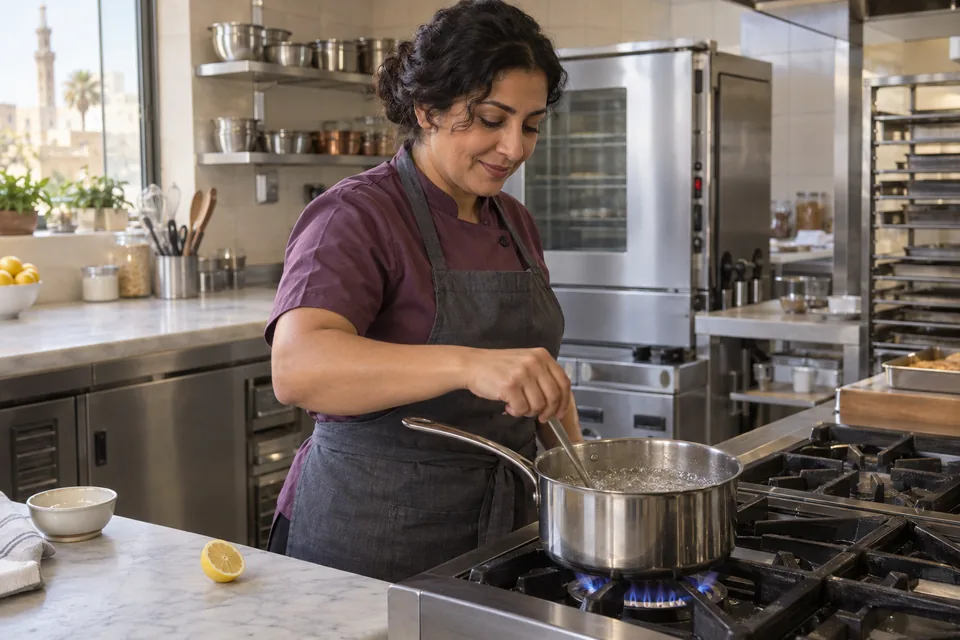 Cook boiling clear sugar syrup with lemon before cooling it for basbousa.