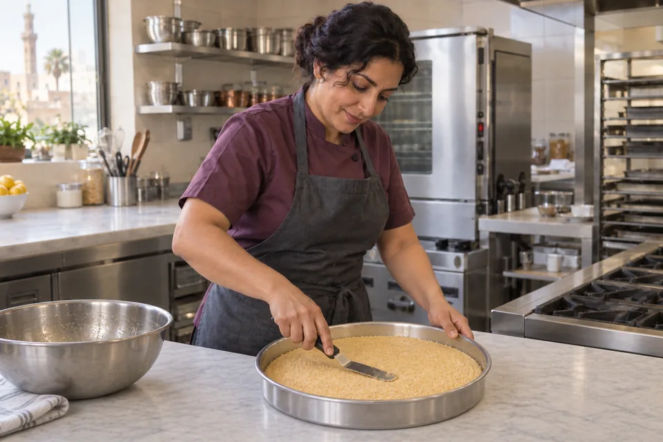 Cook smoothing the thick semolina mixture into an even layer in a shallow round pan.