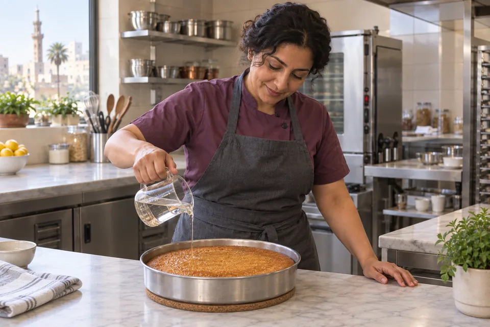 Cook pouring clear cooled syrup over the hot golden basbousa while the pan rests on a trivet.