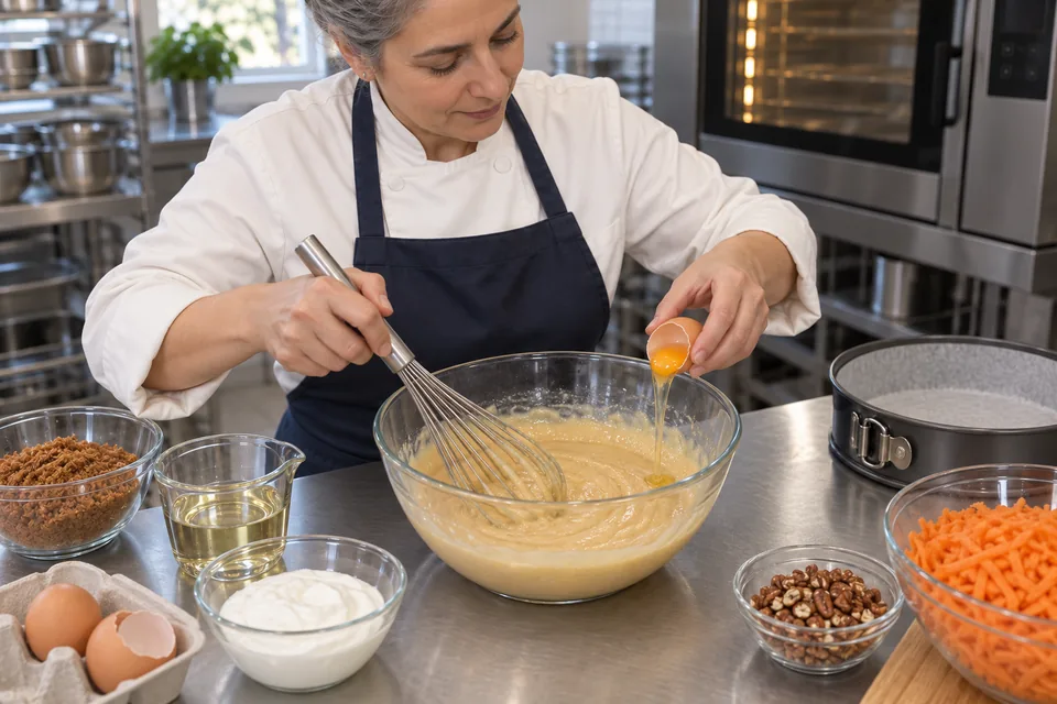 Carrot cake: mix wet ingredients.
