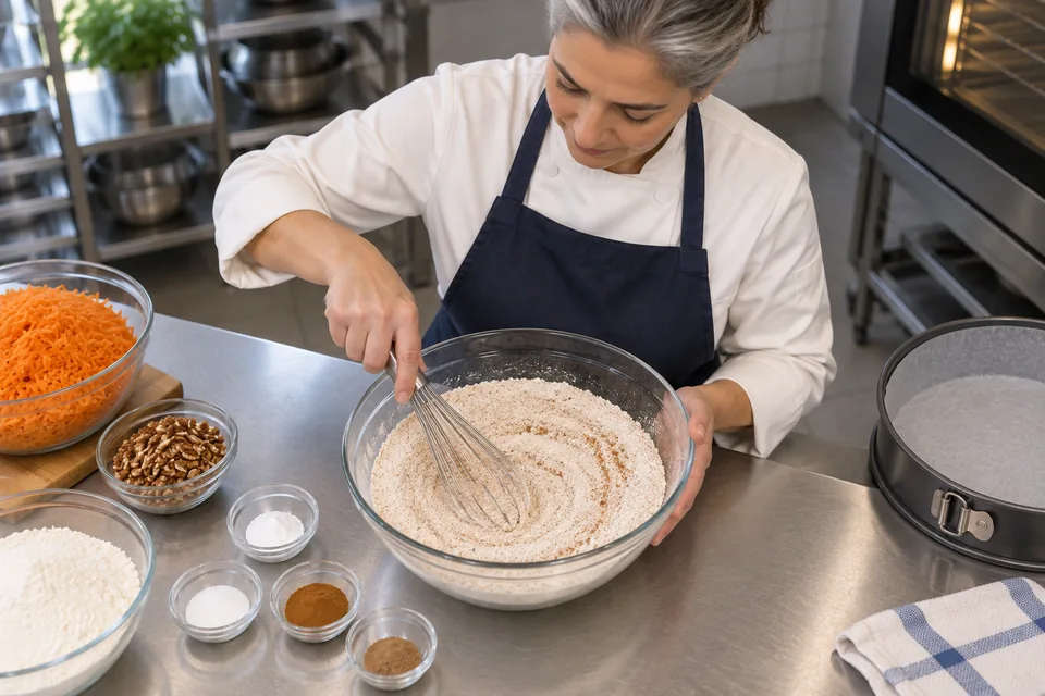 Carrot cake: mix dry ingredients.