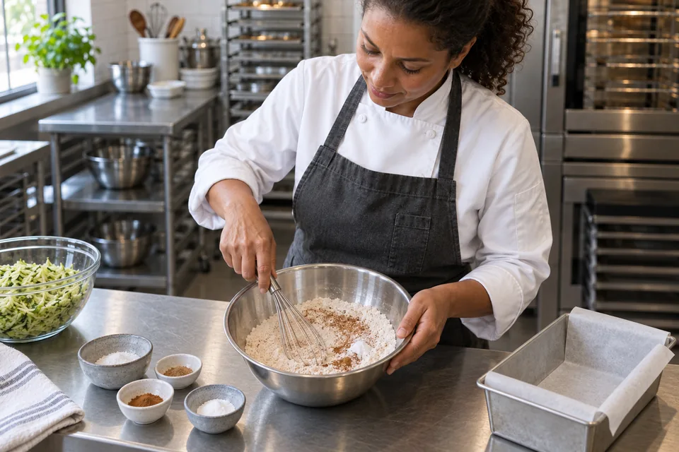 A baker whisking dry flour and spices in a stainless-steel bowl.