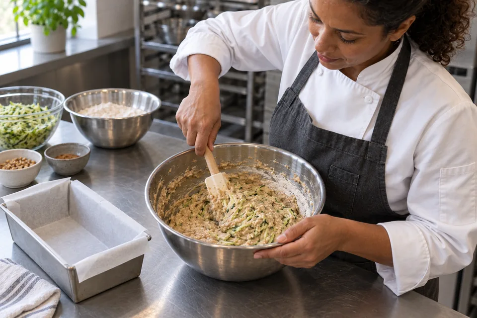 A baker folding grated zucchini into thick batter with a spatula.