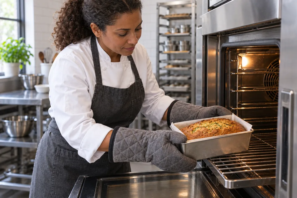 A baker using oven mitts to inspect a golden zucchini loaf at the oven.