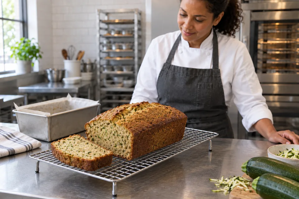 A cooled zucchini loaf on a rack with one end slice beside its matching cut face.