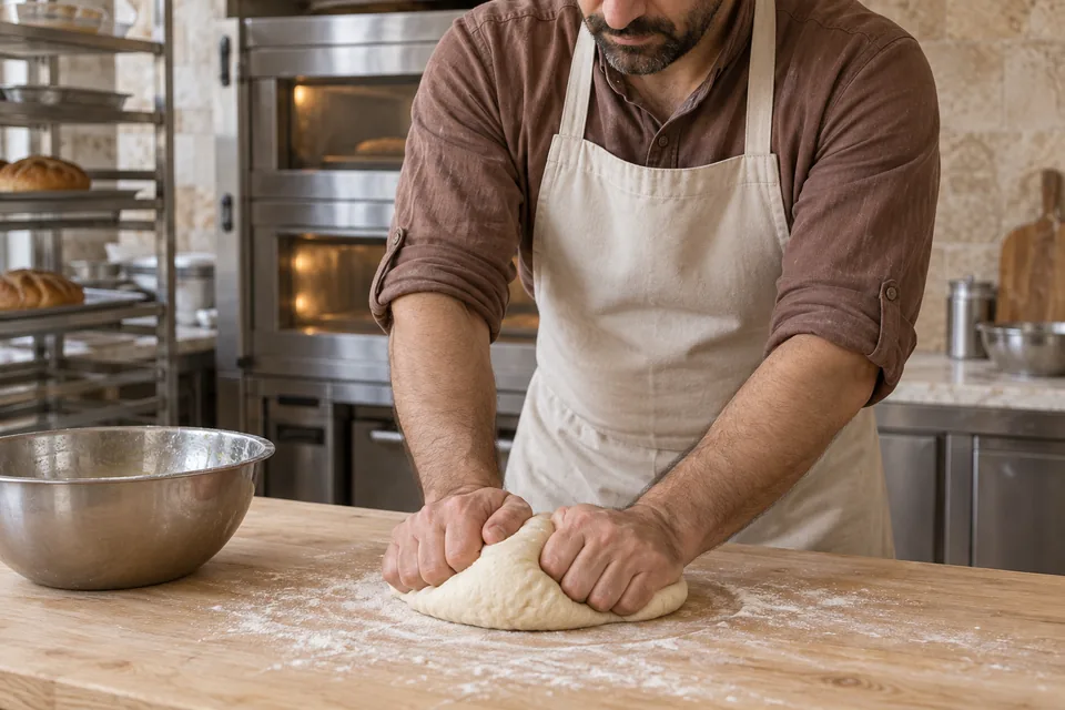 A cook kneads a soft, smooth ball of wheat dough on a wooden bakery bench.