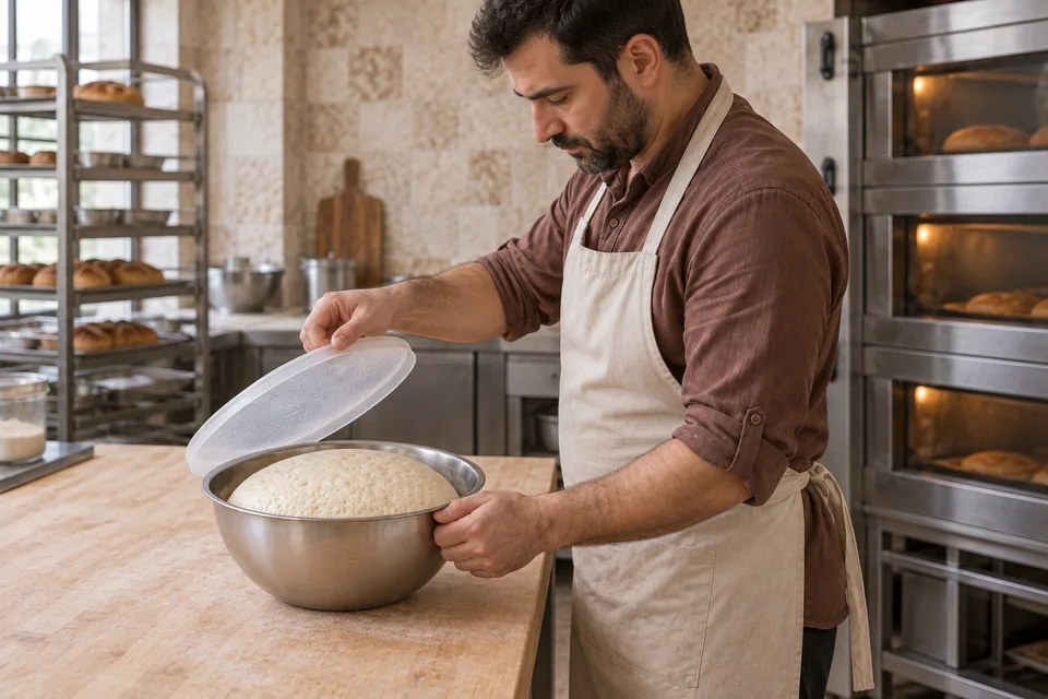 Baker standing side-on at the bench and lifting a lid to check puffy risen dough in a mixing bowl.