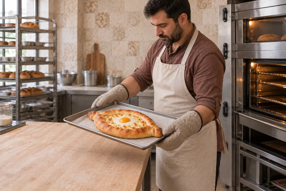 Baker standing beside the oven and bringing out a cheese bread boat topped with one egg whose white is set.