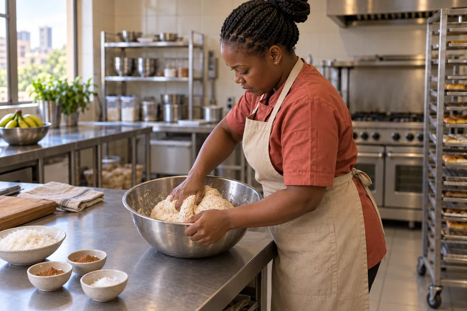 Cook turned sideways while bringing coconut and spice dough together in the bowl.