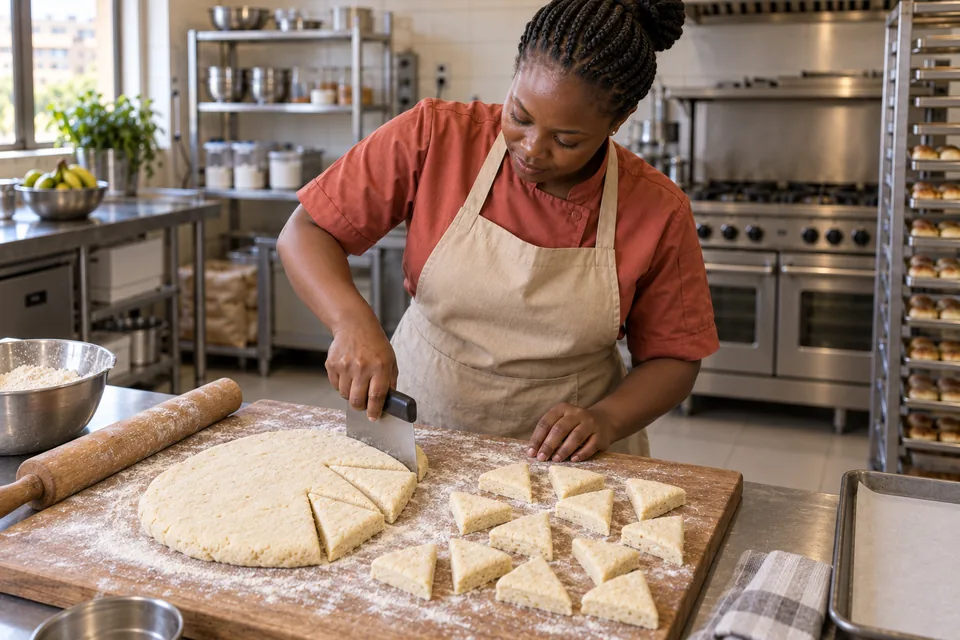 Cook cutting thick, evenly rolled dough into small triangles.
