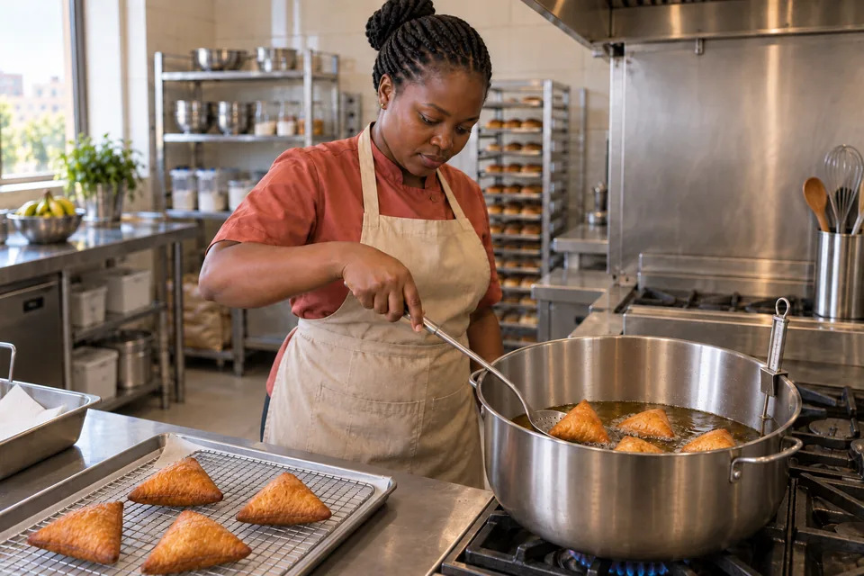 Cook turning golden triangular mandazi in a deep pot with a lowered oil level.