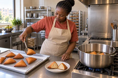 Cook draining golden mandazi beside a cut test piece with a cooked, airy center.