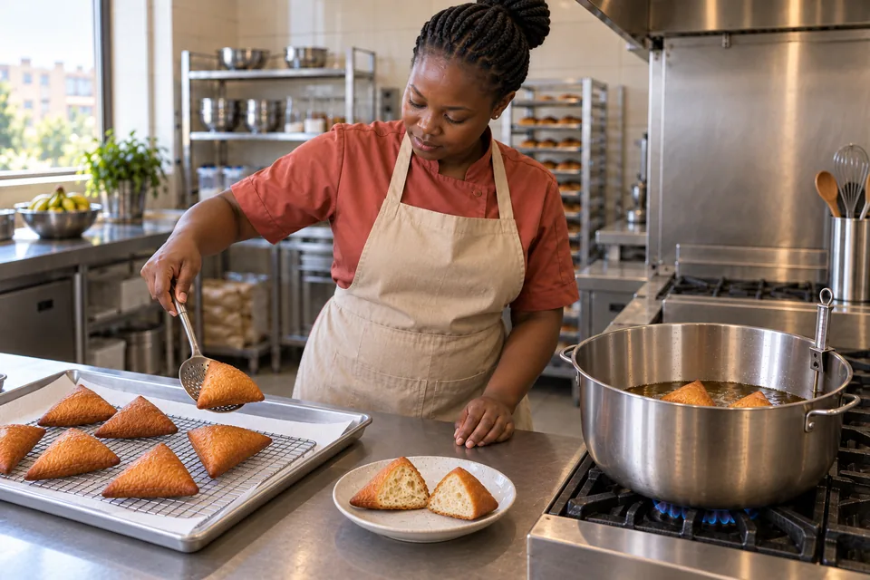 Cook draining golden mandazi beside a cut test piece with a cooked, airy center.