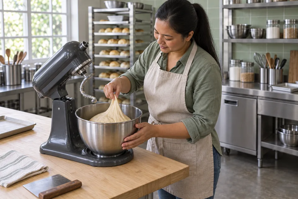 The baker leans toward a stopped mixer to check the elastic pandesal dough in its bowl.